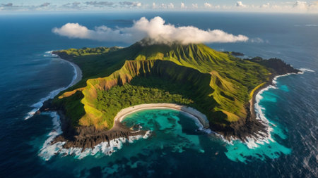 Aerial view of a tropical island with lush greenery, white sandy beaches, and clear blue waters. The image captures the scenic landscape and the surrounding ocean, showcasing the natural beauty of the area.の写真素材
