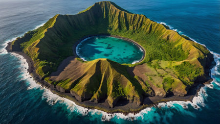 Aerial view of a beautiful island in the middle of the oceanの写真素材