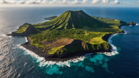 Aerial view of volcano on an islandの写真素材