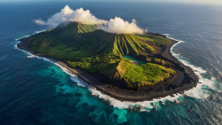 Aerial view of volcano on an islandの写真素材