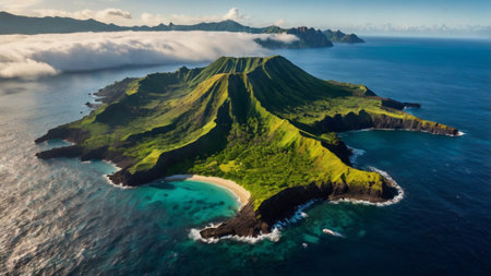 Aerial view of volcanic island with green vegetation and blue sea.