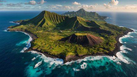 Aerial view of a volcanic island in the oceanの写真素材