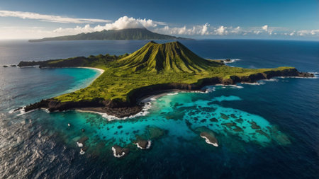 Aerial view of an island with a volcano in the backgroundの写真素材