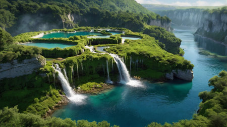 Plitvice Lakes National Park in Croatia, Europe. Aerial view of beautiful waterfallsの写真素材