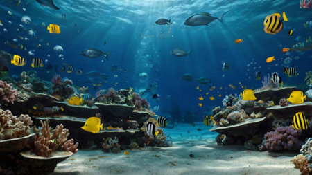 Underwater view of tropical coral reef with fishes and corals.の写真素材