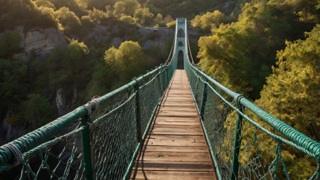Suspension bridge over the river in the mountains at sunset.の写真素材