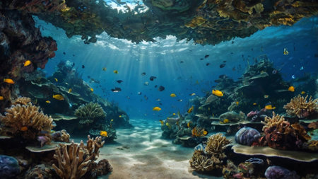 Underwater view of coral reef with tropical fish and sunbeamsの写真素材