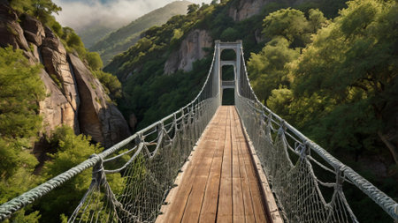 Suspension bridge over the river in the mountains of Spain.の写真素材