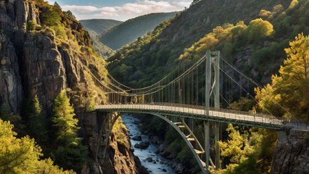Suspension bridge over a mountain river in the Pyreneesの写真素材