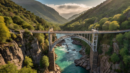 Aerial view of the bridge over the river in the mountains.の写真素材