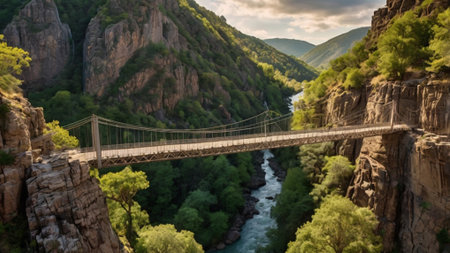 Panoramic view of the suspension bridge over the mountain river.の写真素材