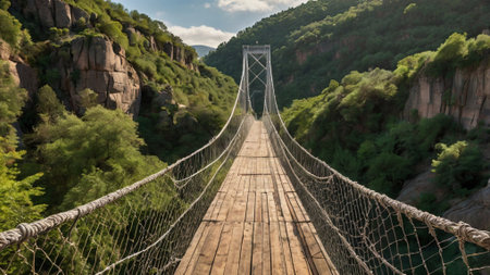 Suspension bridge over the riverの写真素材