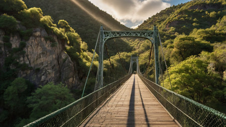 Hanging bridge in the mountains at sunset. Beautiful summer landscape.の写真素材