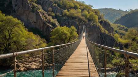 Hanging bridge over the mountain river in Greece, Crete.の写真素材