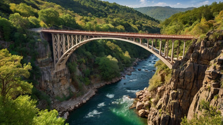 Beautiful view of the bridge over the river in the mountains.の写真素材