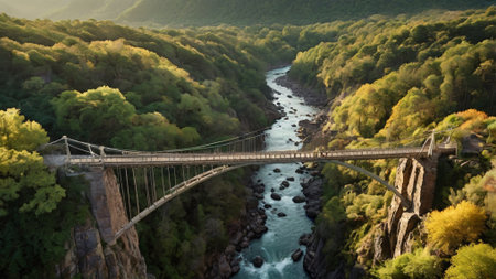 A panoramic view of a suspension bridge over a mountain riverの写真素材