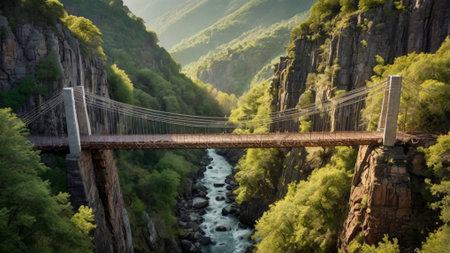 Panoramic view of the bridge over the river in the mountainsの写真素材