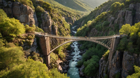 Aerial view of a bridge over the river in the mountains, Spainの写真素材