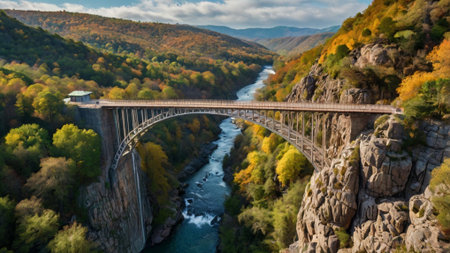 Panoramic view of the bridge over the river in autumn.の写真素材