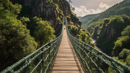 Suspension bridge in the mountains of Catalonia, Spain, Europeの写真素材