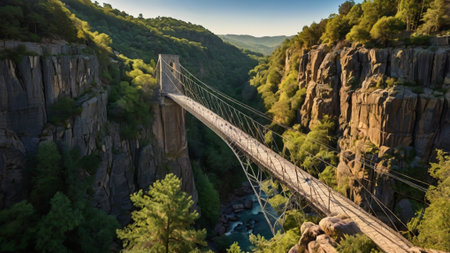 Panoramic view of the bridge over the river in a scenic canyonの写真素材