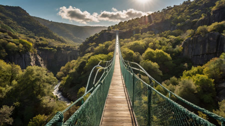 Suspension bridge over the river in the mountains, Spain.の写真素材