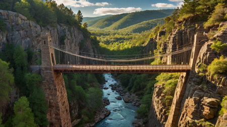 Panoramic view of a suspension bridge over a mountain river.の写真素材