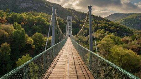 Suspension bridge over the river in the Taurus Mountains in Turkeyの写真素材