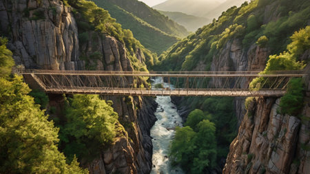 Beautiful panoramic view of a bridge over a mountain riverの写真素材
