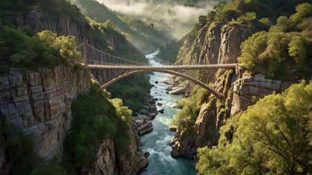 Panoramic view of a bridge over a mountain river in the mountainsの写真素材