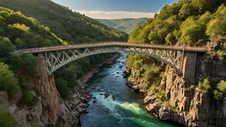 Panoramic view of the bridge over the river in the mountainsの写真素材