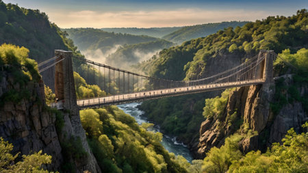 Panoramic view of the suspension bridge over the Rhine river in Germanyの写真素材