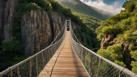 Suspension bridge in the mountains. Wooden bridge in the mountains.の写真素材