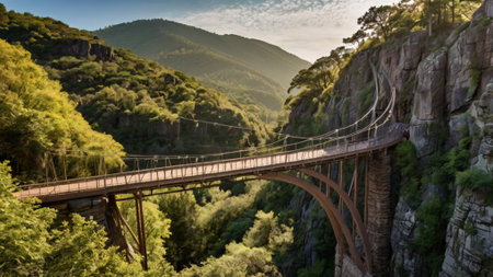 Aerial view of a suspension bridge over the river in the mountainsの写真素材