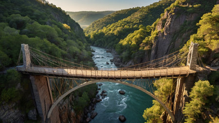 Aerial view of the bridge over the river in the gorge.の写真素材