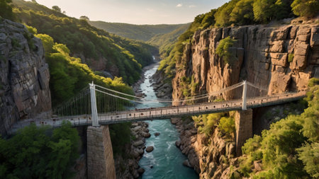 Aerial view of a suspension bridge over the river in the mountainsの写真素材