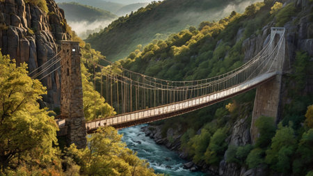 Suspension bridge over the river in the mountains at sunrise.の写真素材