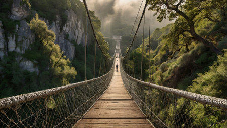 Suspension bridge in the mountains of Madeira, Portugal.の写真素材