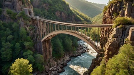 Beautiful view of the bridge over the river in the mountains.の写真素材