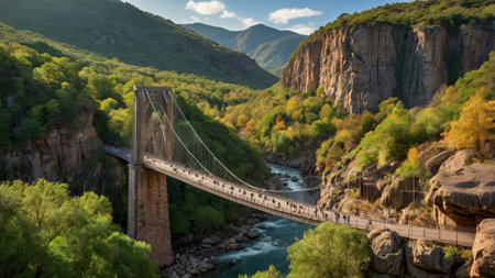 Suspension bridge over the river in the mountains. Panoramaの写真素材