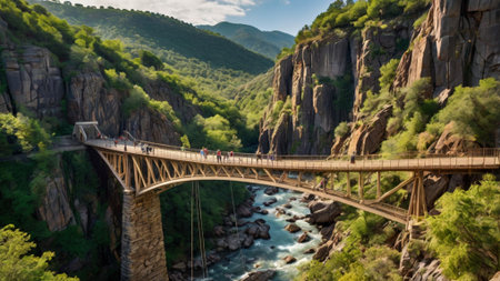 The bridge over the river in the mountains. The concept of active and extreme tourismの写真素材