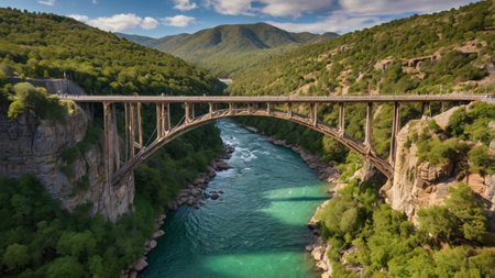 Panoramic view of the bridge over the river in the mountainsの写真素材