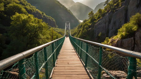 Suspension bridge over the river in the mountains at sunrise.の写真素材