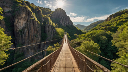 Suspension bridge over the river in the mountains of Catalonia, Spainの写真素材