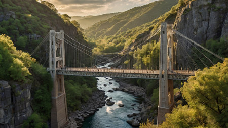 Panoramic view of the old suspension bridge over the mountain riverの写真素材