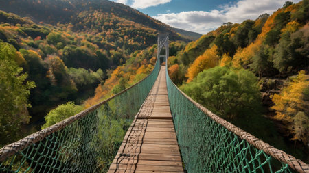 Suspension bridge in autumn forest. Beautiful fall landscape with colorful trees.の写真素材