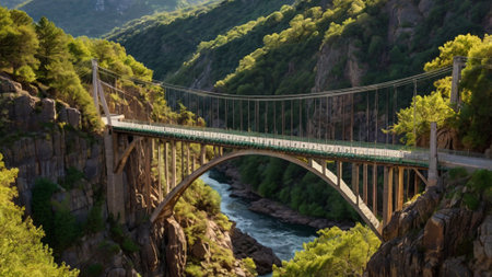 Panoramic view of the suspension bridge over the mountain river.の写真素材