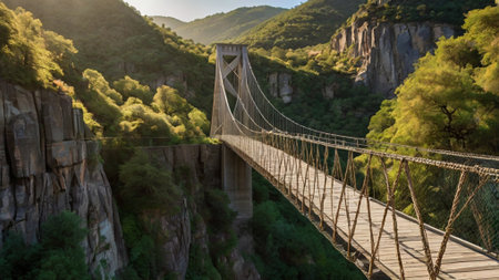 Suspension bridge over the river in the mountains of Crimea.の写真素材