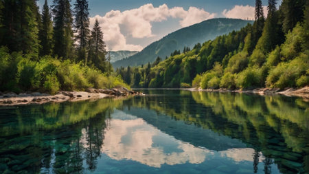 Mountain lake with clear water and reflection of clouds in the waterの写真素材