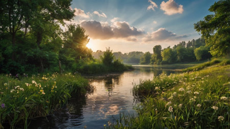 Sunset over the river in summer. Beautiful landscape with river and trees.の写真素材